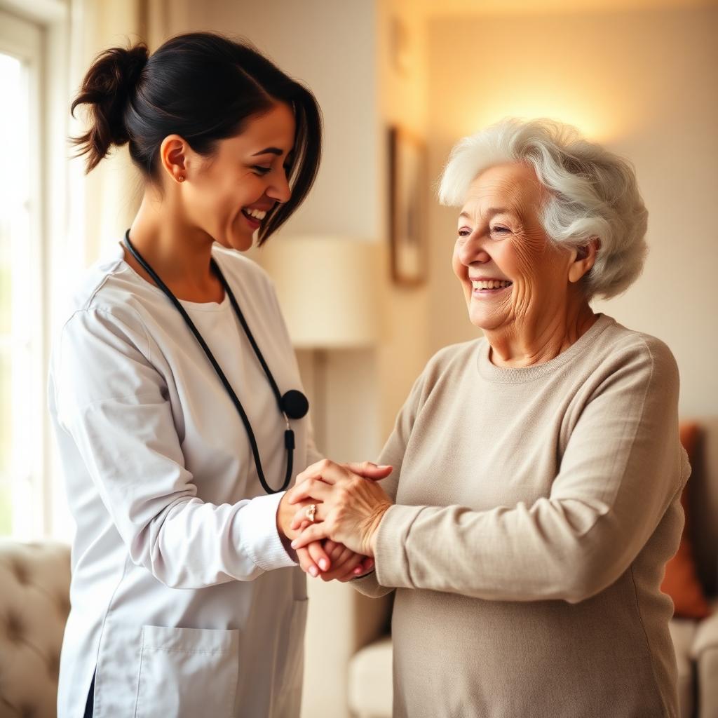 Caregiver holding hands with an elderly client at home